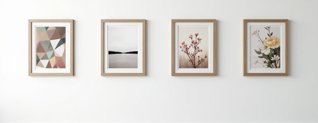 Gallery wall with perfectly spaced picture frames displaying beautiful artwork
